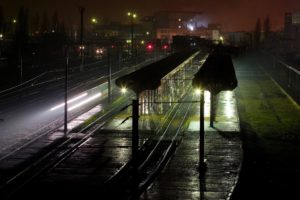 green railway station by night